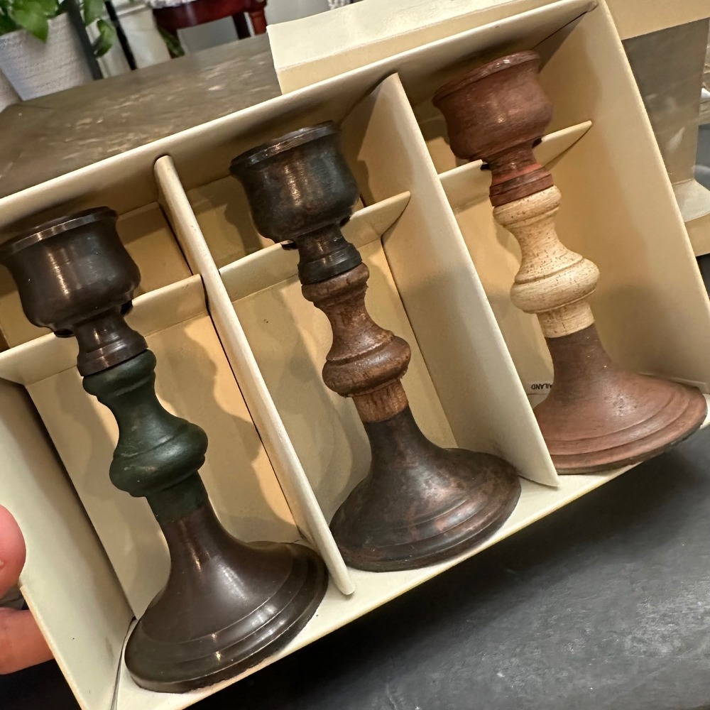 Eddie Bauer Home 3 Piece Metal Candlestick Holders Turnwood Design NEW